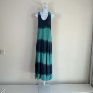 Splendid Tie Dye Maxi Dress L Navy Teal Racerback Striped Jersey Sundress Beach